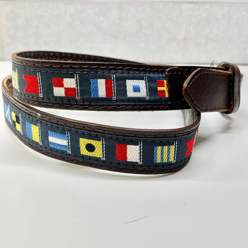 Vtg Pierre Carlini Mens Nautical Flag Blue Ribbon Brown Leather Belt Size 38 M